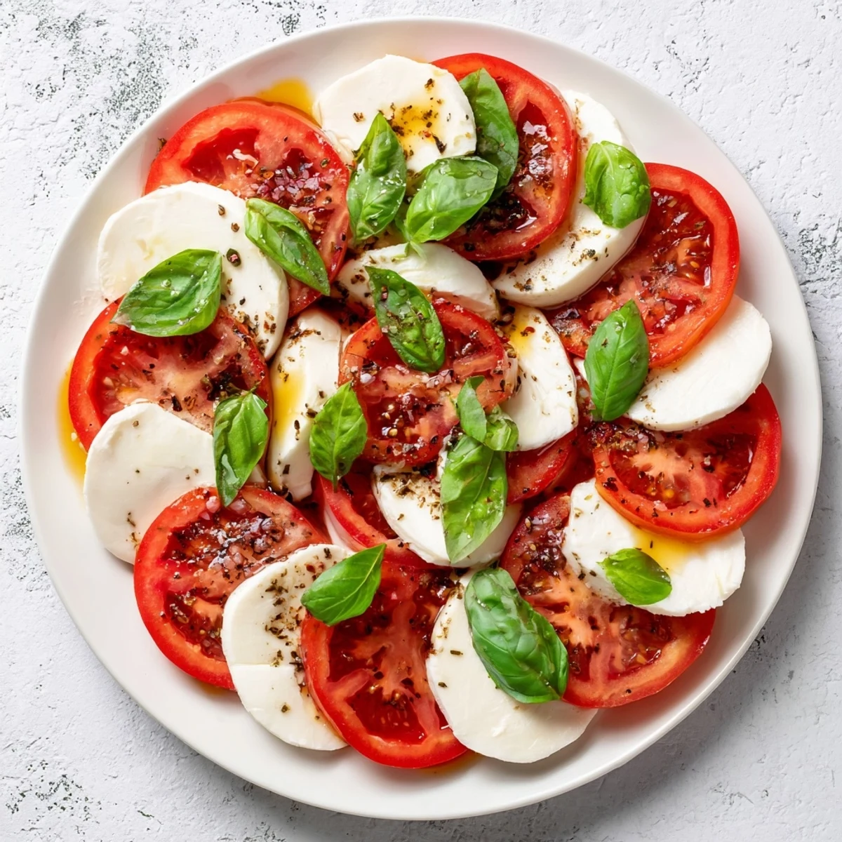 A close-up view of vibrant Sliced Tomatoes and Mozzarella Rounds, drizzled with olive oil, ideal for sharing.