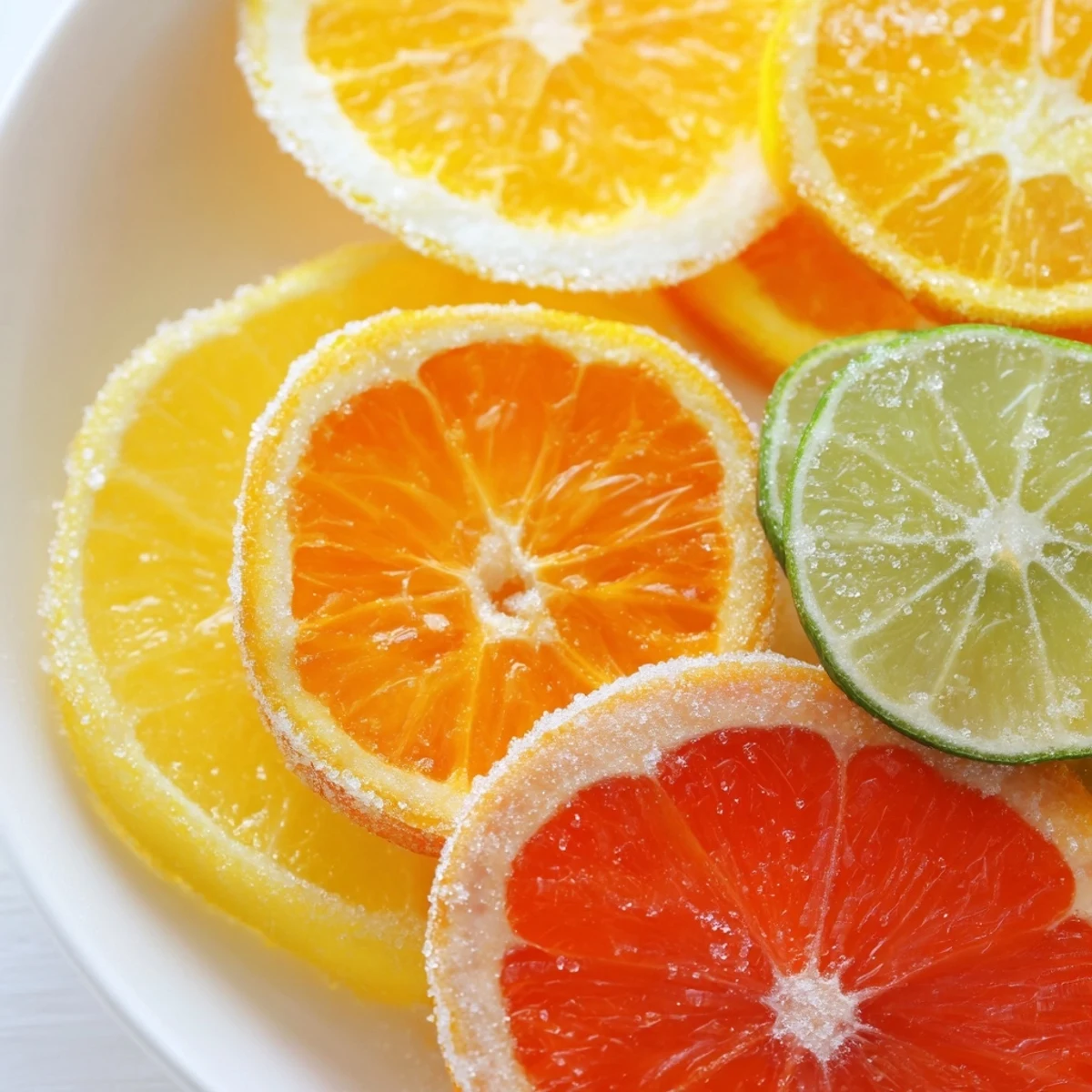Vibrant, colorful citrus slices arranged beautifully, perfect for garnishing refreshing mocktails or drinks.