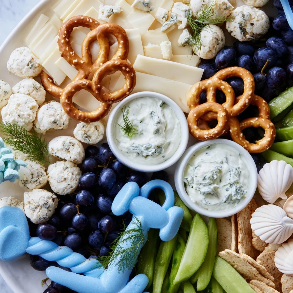 A colorful Anchor Maritime Board appetizer featuring blue and white elements, perfect for summer gatherings.