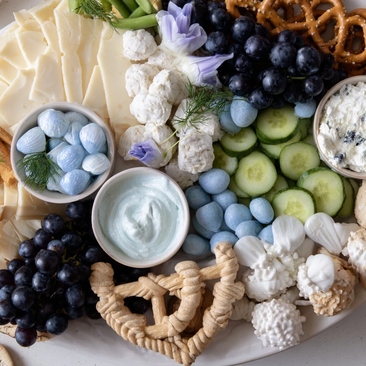 Arrangement of cheeses, fruits, and pretzels creates a vibrant Anchor Maritime Board charcuterie, reminiscent of the sea.