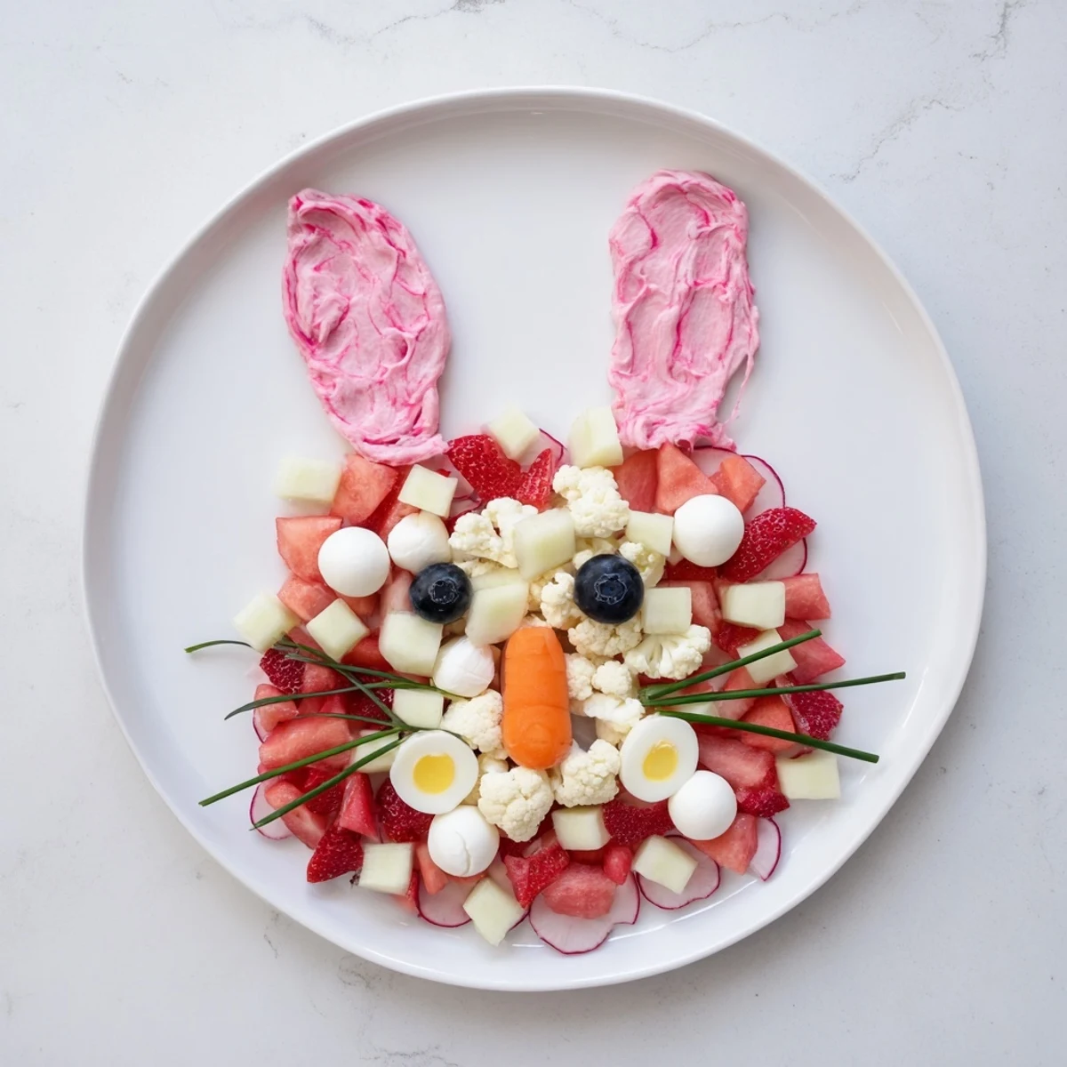 The Bunny Silhouette arranged beautifully: imagine fresh strawberries and mozzarella creating this tasty holiday dish.