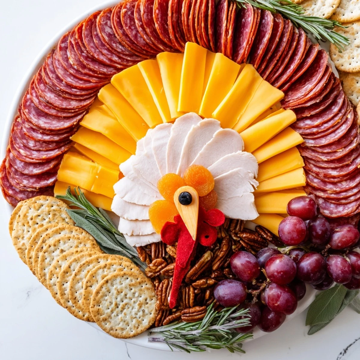 Thanksgiving party centerpiece: This The Turkey Tail Fan appetizer offers a festive and delicious spread for guests.