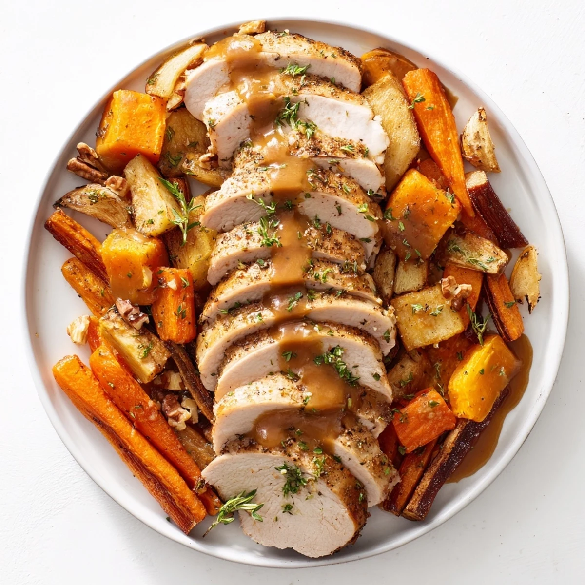 Slices of savory Chains of the Mayflower on a platter with glossy gravy and fresh parsley.