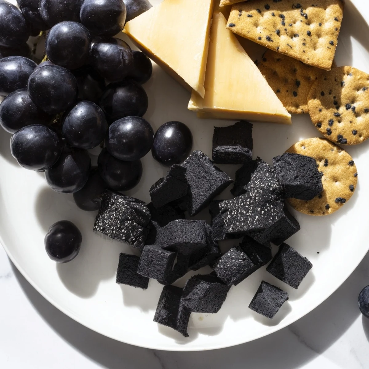 A Halloween charcuterie board with a ghostly outline, overflowing with dark fruit and cheese.