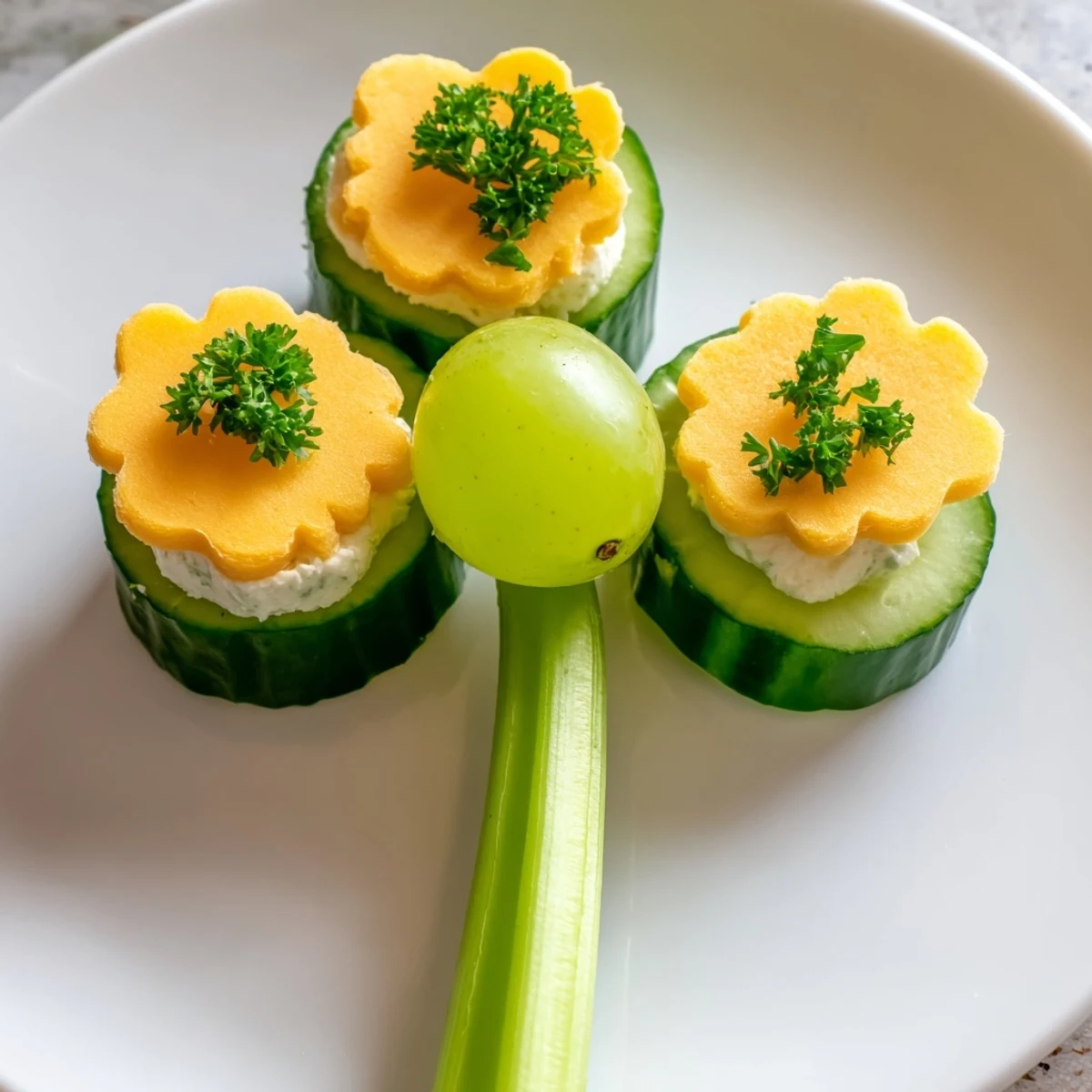 Festive Lucky Four-Leaf Clover Snack: cucumber and cheese leaves arranged with a green grape center.