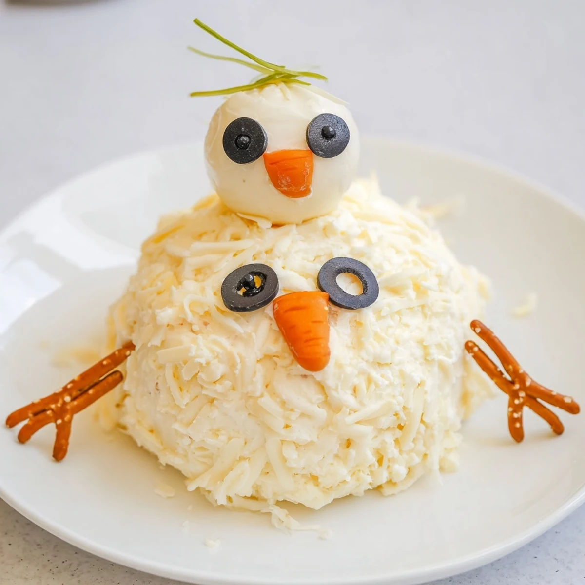 Melted Snowman Cheese Bites: Adorable, creamy cheese snowmen with olive eyes and pretzel arms, perfect for parties!