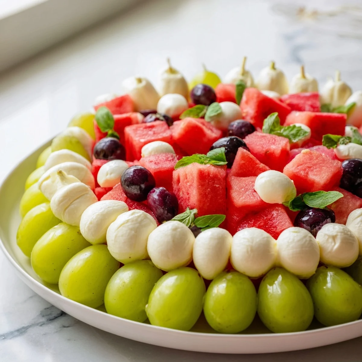 Fresh, colorful Summer Watermelon Slice appetizer with green grapes, mozzarella, and juicy watermelon chunks.