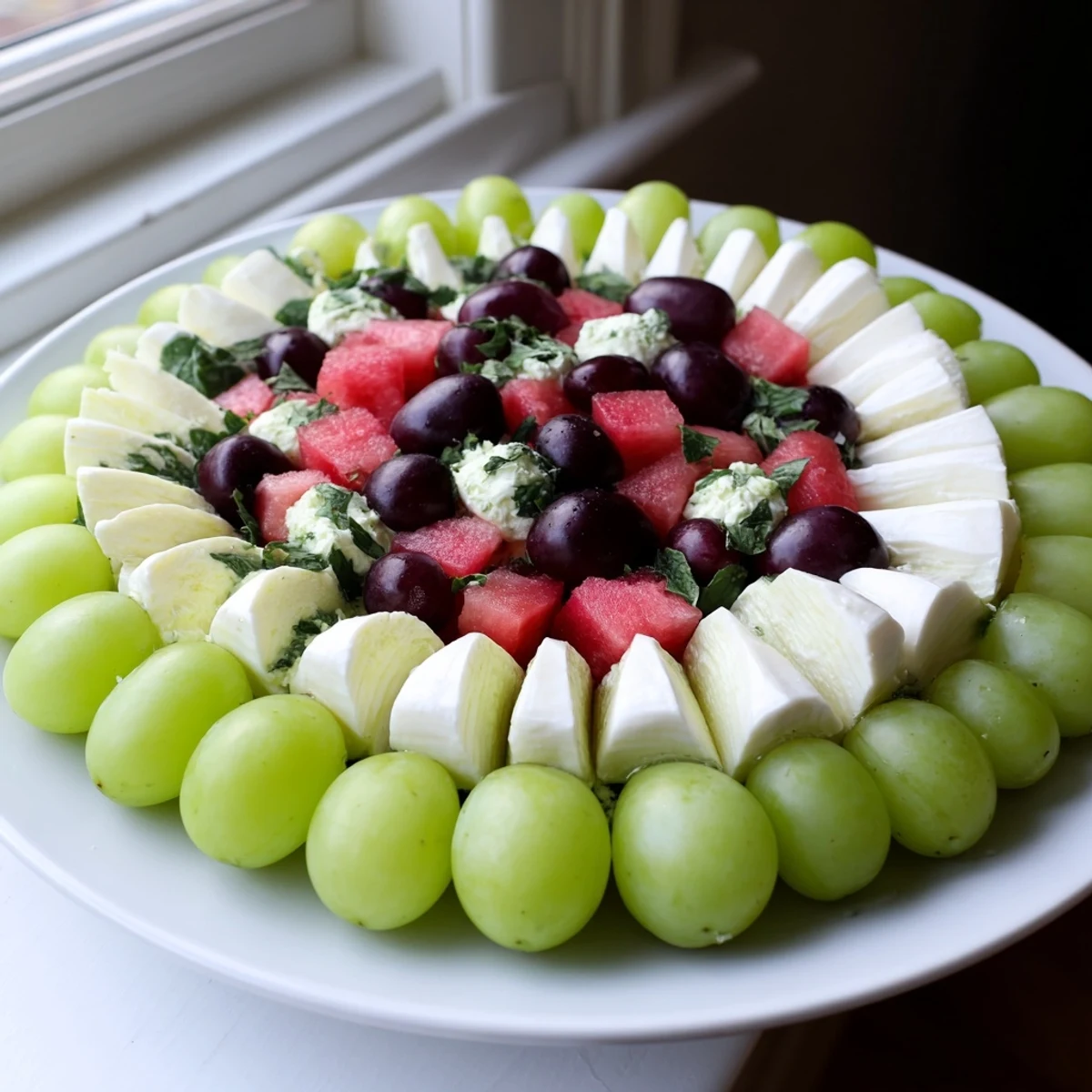Enjoy a visually appealing Summer Watermelon Slice featuring watermelon, cheese, and a flavorful strawberry garnish.