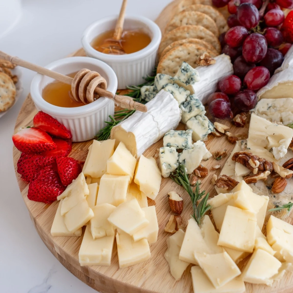 Vibrant arrangement showcasing the Waterfall Edge Grazing Board's abundant cheese, fruit, and cracker spread for serving.