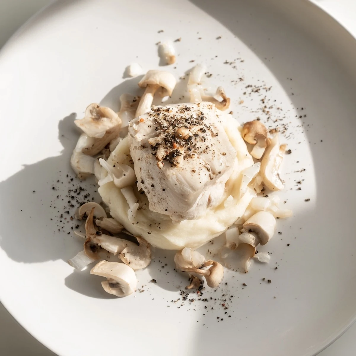 Tender poached chicken sits atop creamy cauliflower purée in this Ghostly Gala dish.