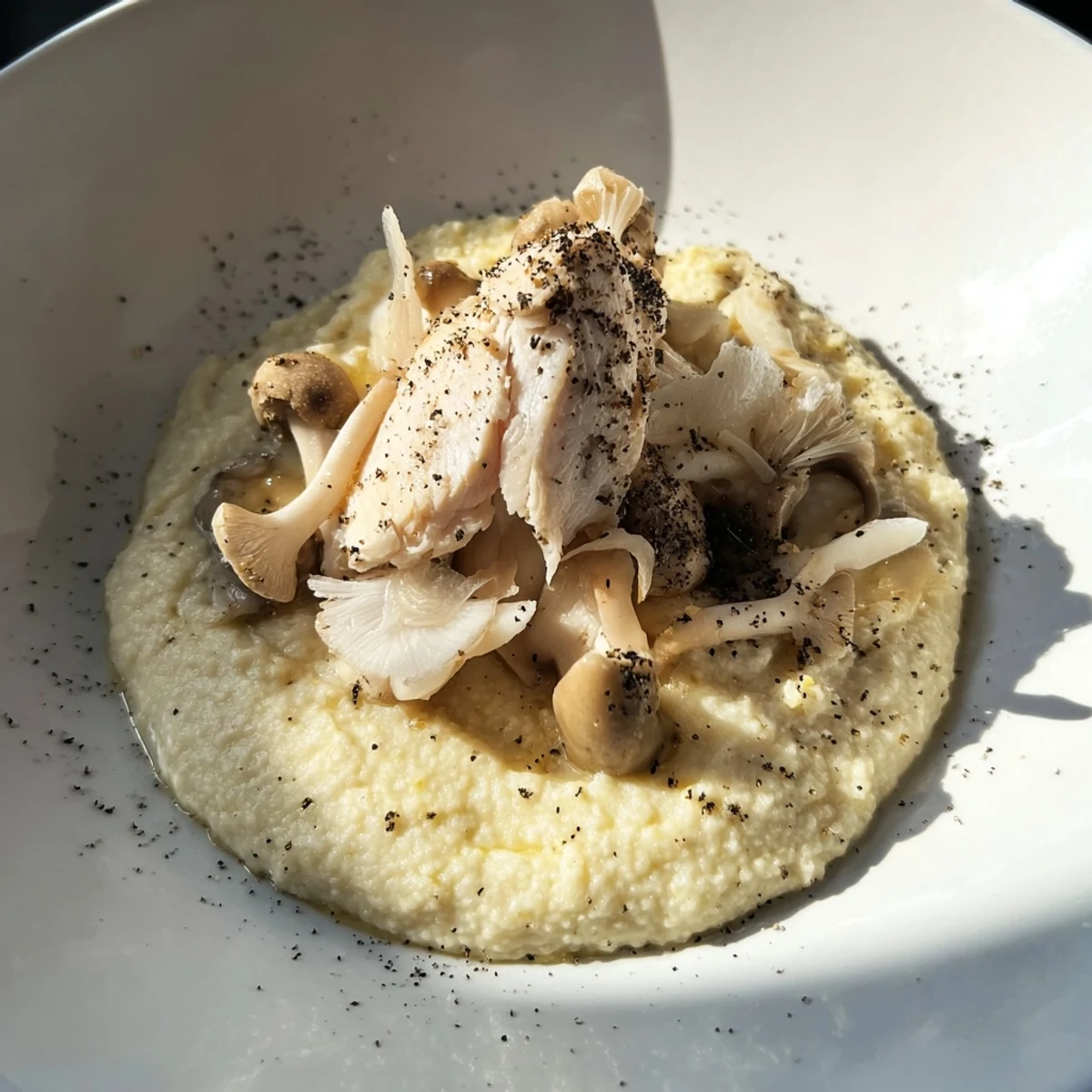 A close-up reveals the Ghostly Gala's white chicken, mushrooms, and pepper shadows on the plate.