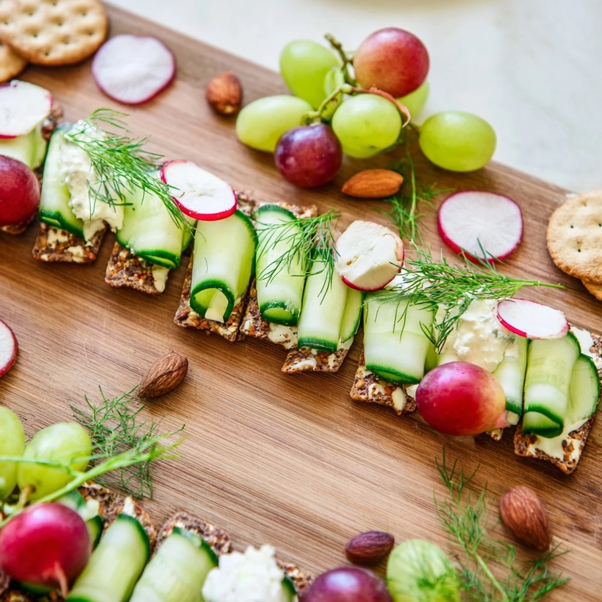 The Zen Balance appetizer arrangement: fresh veggies, goat cheese, and almonds elegantly displayed for serving.