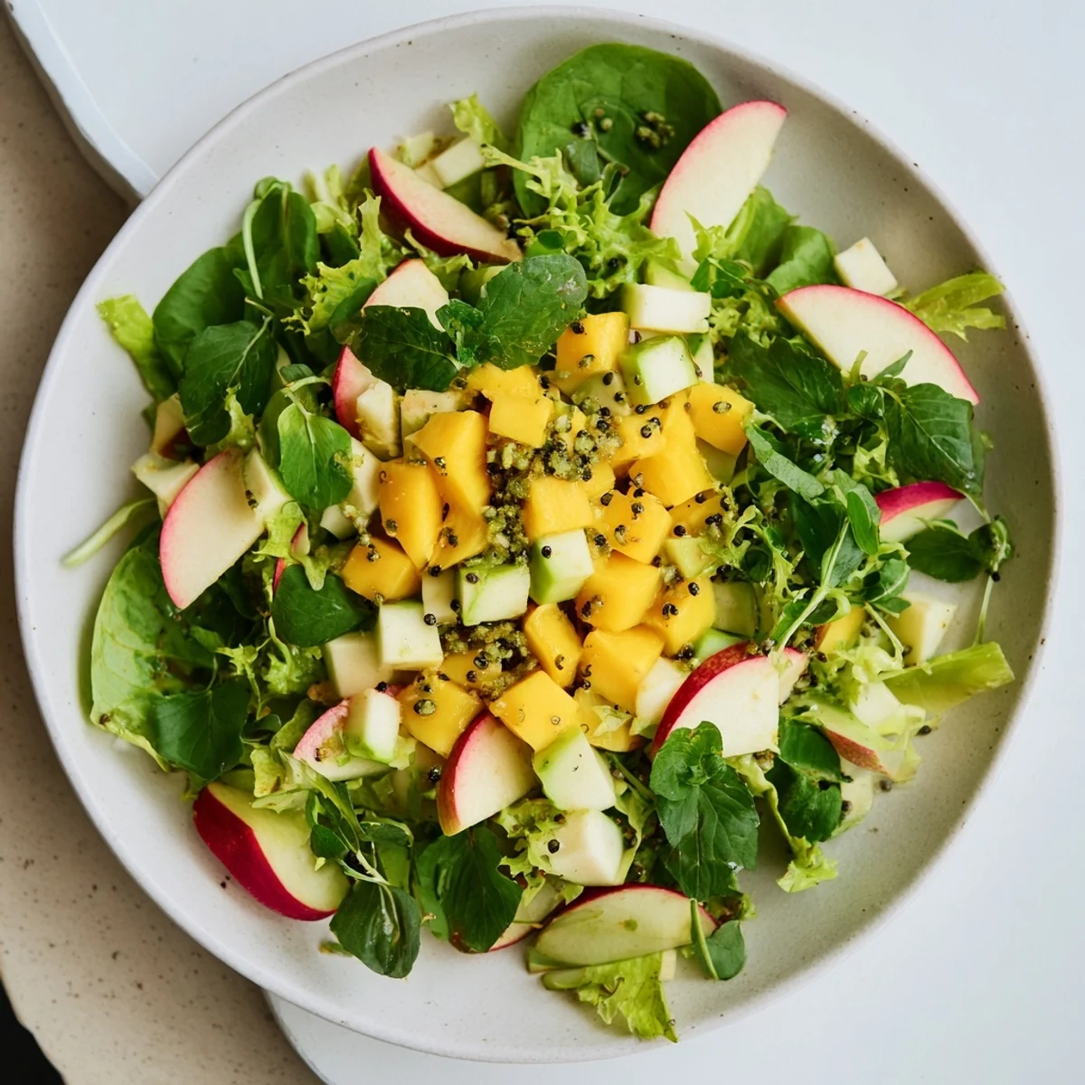 A bright and refreshing Sunlit Glade salad, featuring yellow fruits and vibrant greens.