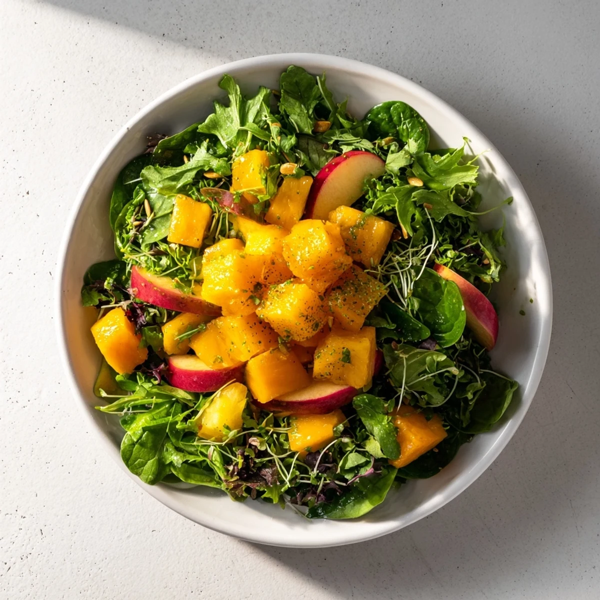 Freshly tossed The Sunlit Glade salad, a vegan delight with a sunny fruit centerpiece.