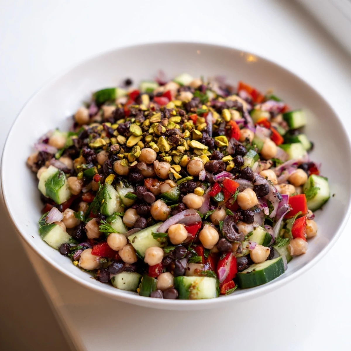 Vibrant Dense Bean Salad boasts colorful beans, pistachios, and dusted chocolate, ready to eat.