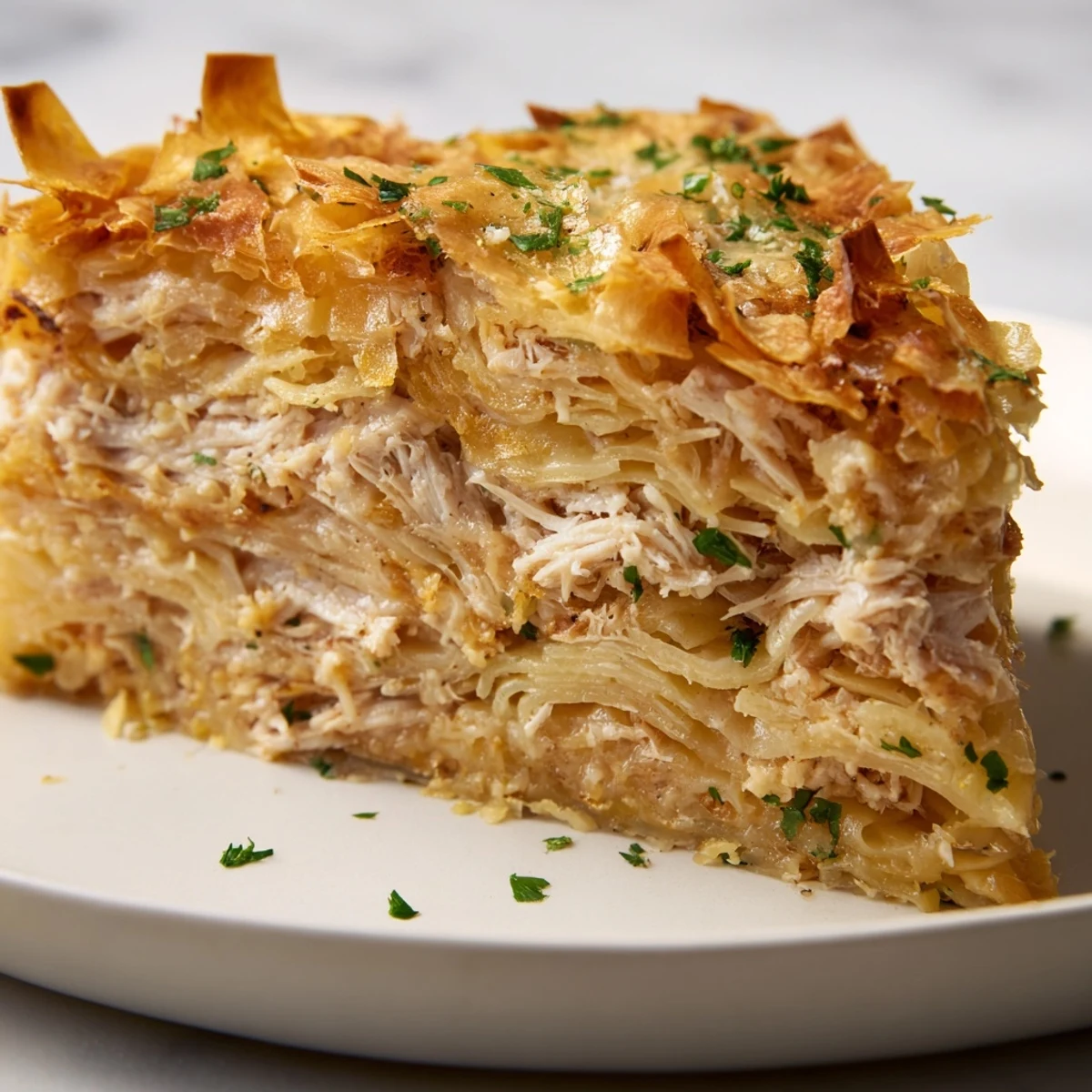 Golden-brown Chicken and Pasta Crinkle Cake, layered with crispy phyllo and creamy filling.