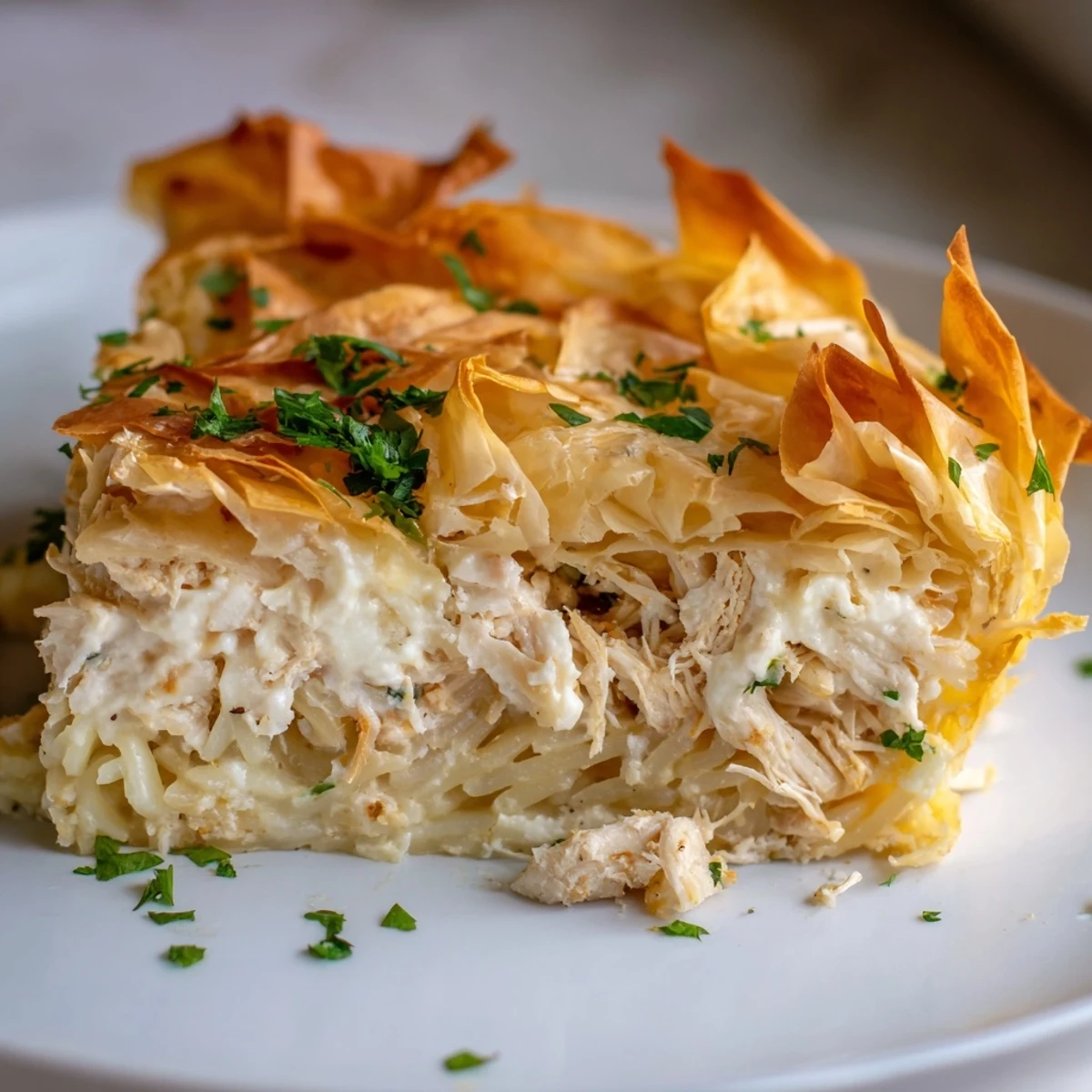 A close-up shot of a cheesy, bubbly Chicken and Pasta Crinkle Cake, ready to serve warm.