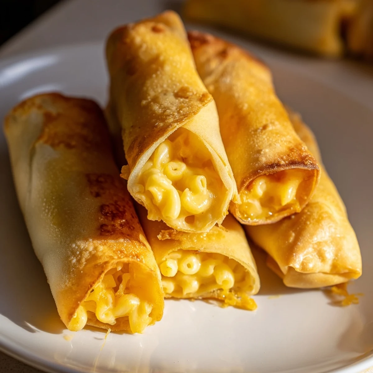 Golden, crispy Tinis Mac and Cheese Lumpia Rolls, a fun appetizer with creamy, cheesy filling inside.