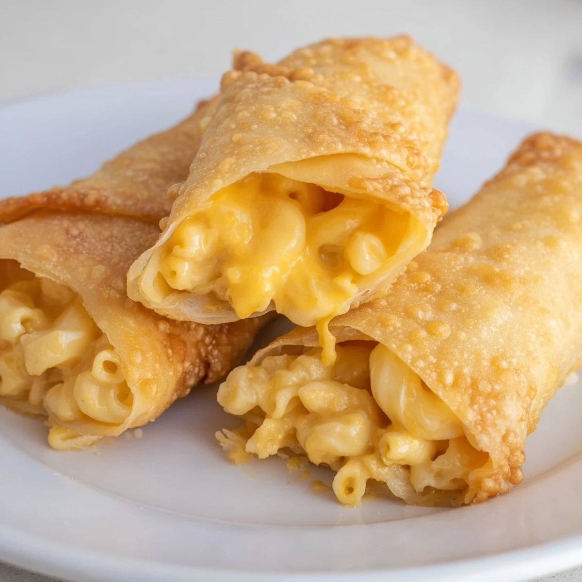 Close-up of air-fried Tinis Mac and Cheese Lumpia Rolls, showing the crunchy wrapper and gooey cheese.