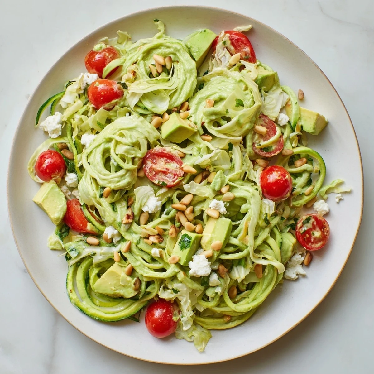 Bright green Green Goddess Zoodle Pasta, with creamy sauce coating tender zucchini noodles.