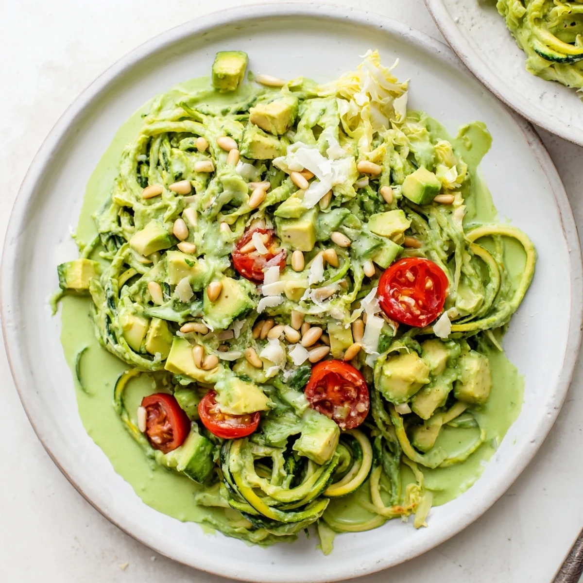 A bowl of Green Goddess Zoodle Pasta with vibrant tomatoes and avocado alongside the healthy noodles.
