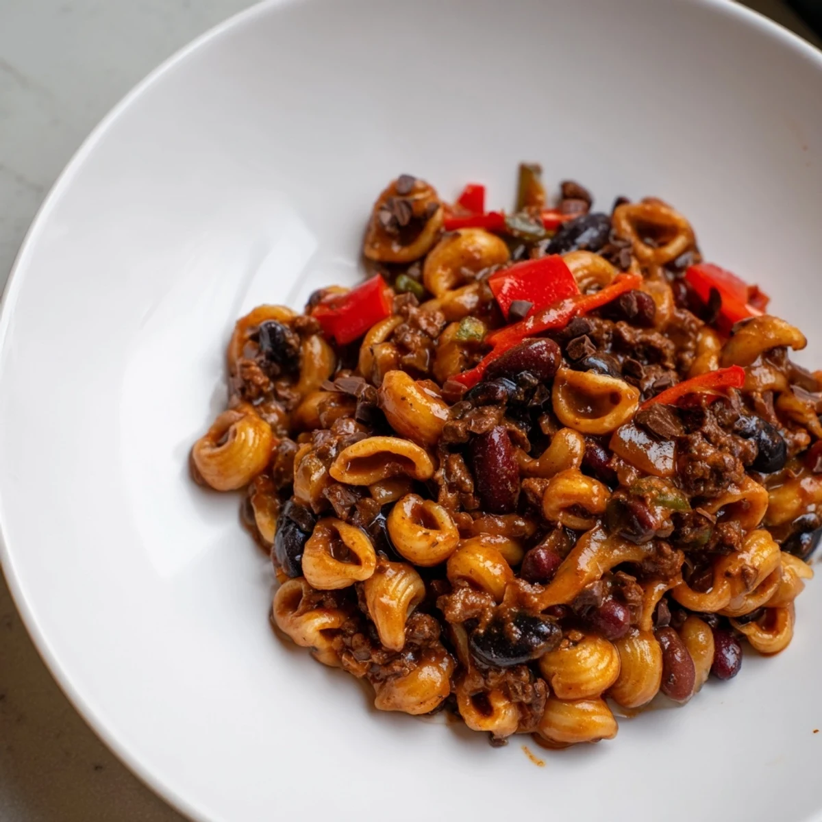 Steaming bowl of one-pot ditalini with hot cocoa chili, garnished and ready to serve for dinner.