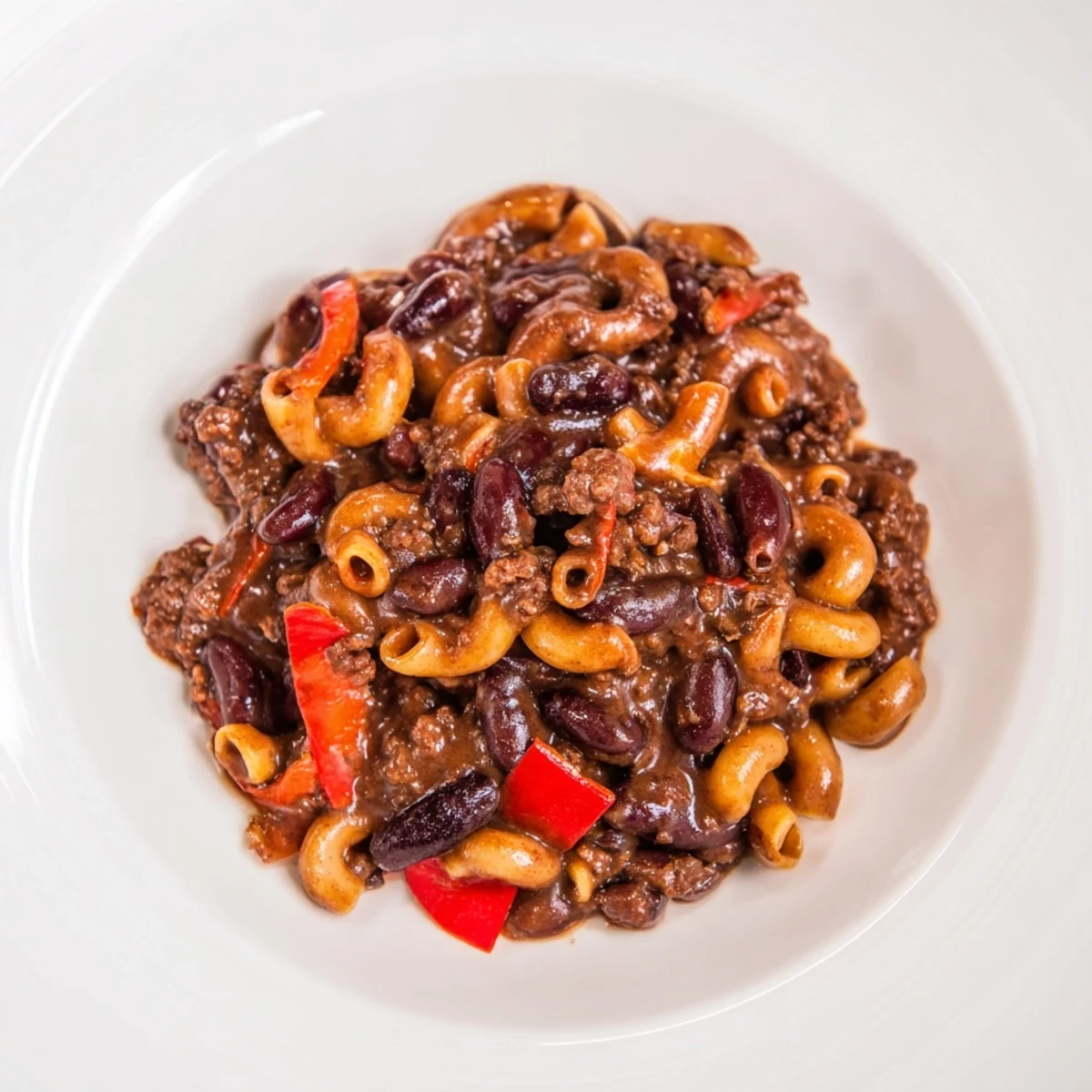 Close-up of hearty one-pot ditalini with hot cocoa chili, showcasing rich, dark sauce and tender pasta.
