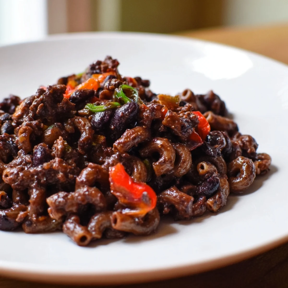 A spoonful lifted, displaying the delicious textures of this flavorful one-pot ditalini with hot cocoa chili.