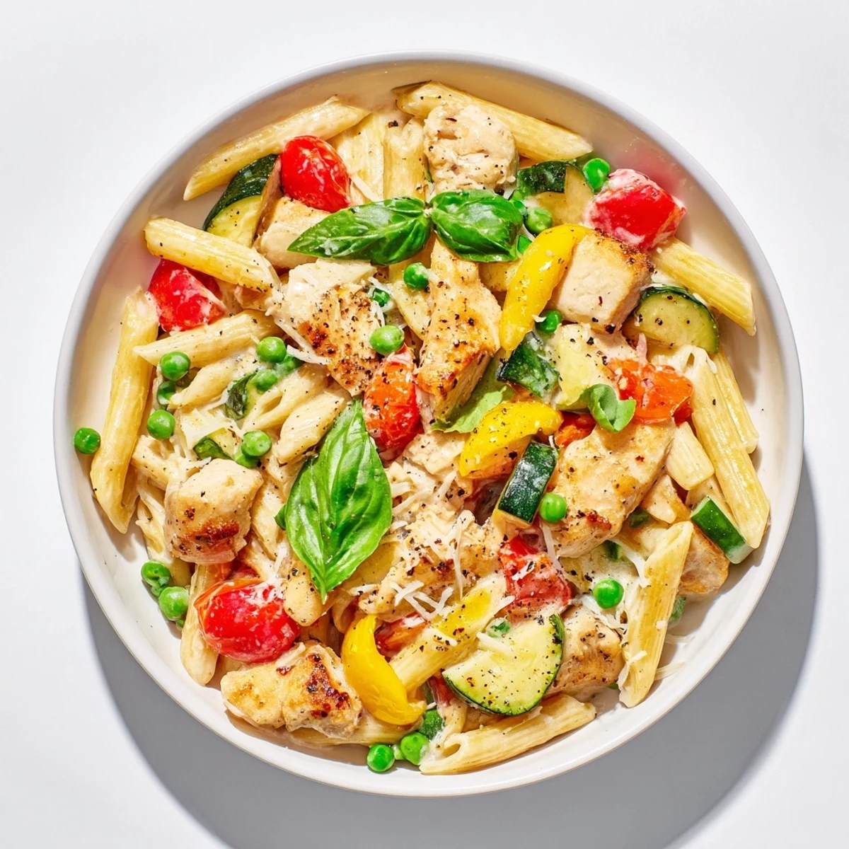 A creamy skillet of The Last Bite Chicken Pasta, garnished with fresh basil and lemon zest.