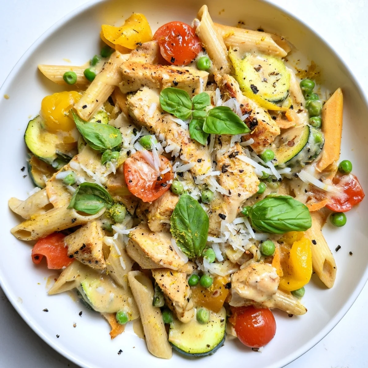 Golden chicken pieces and colorful veggies in The Last Bite Chicken Pasta, perfect for using up leftovers.