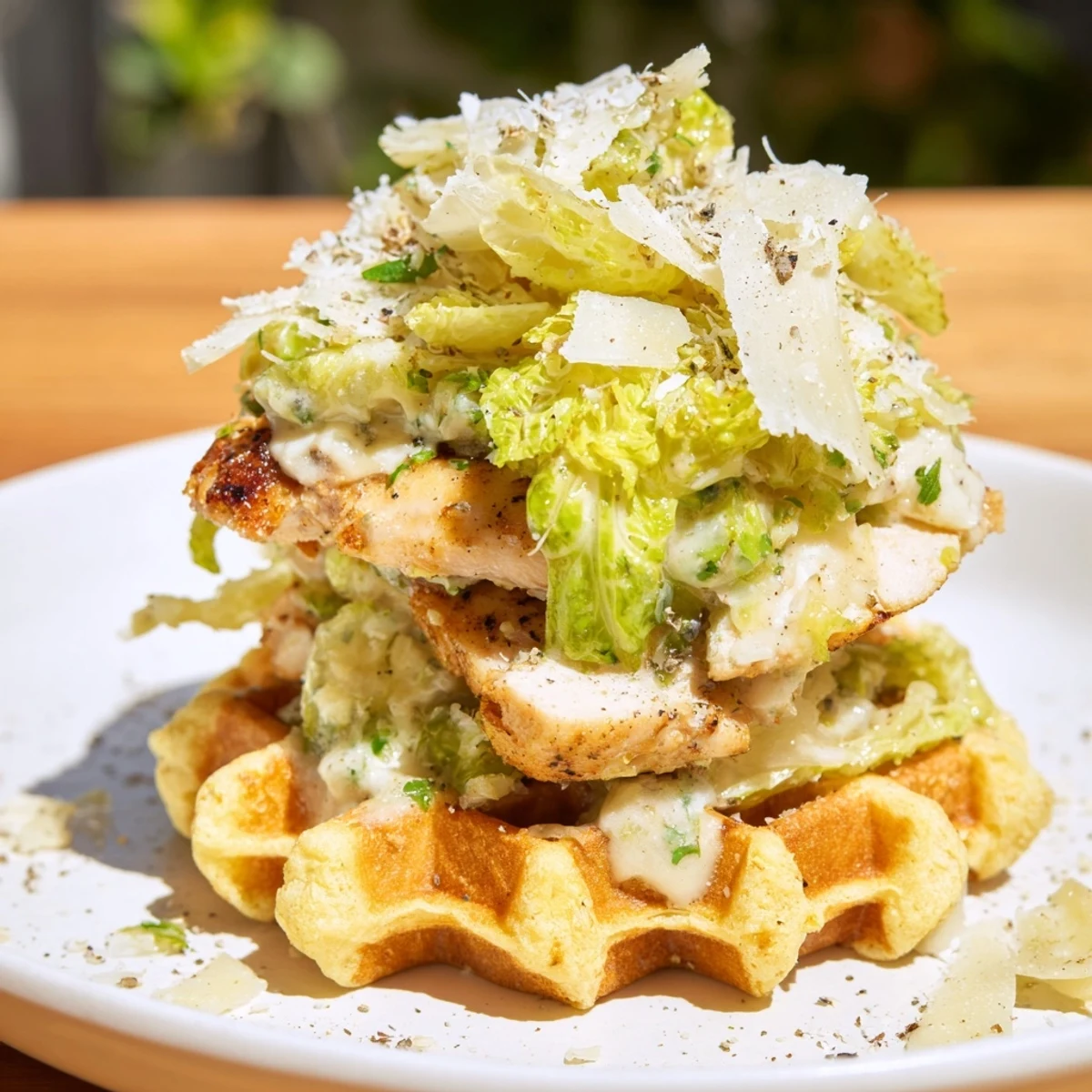 Golden-brown Chicken Caesar Waffle Sandwich, a fun lunch idea with grilled chicken and crisp romaine.