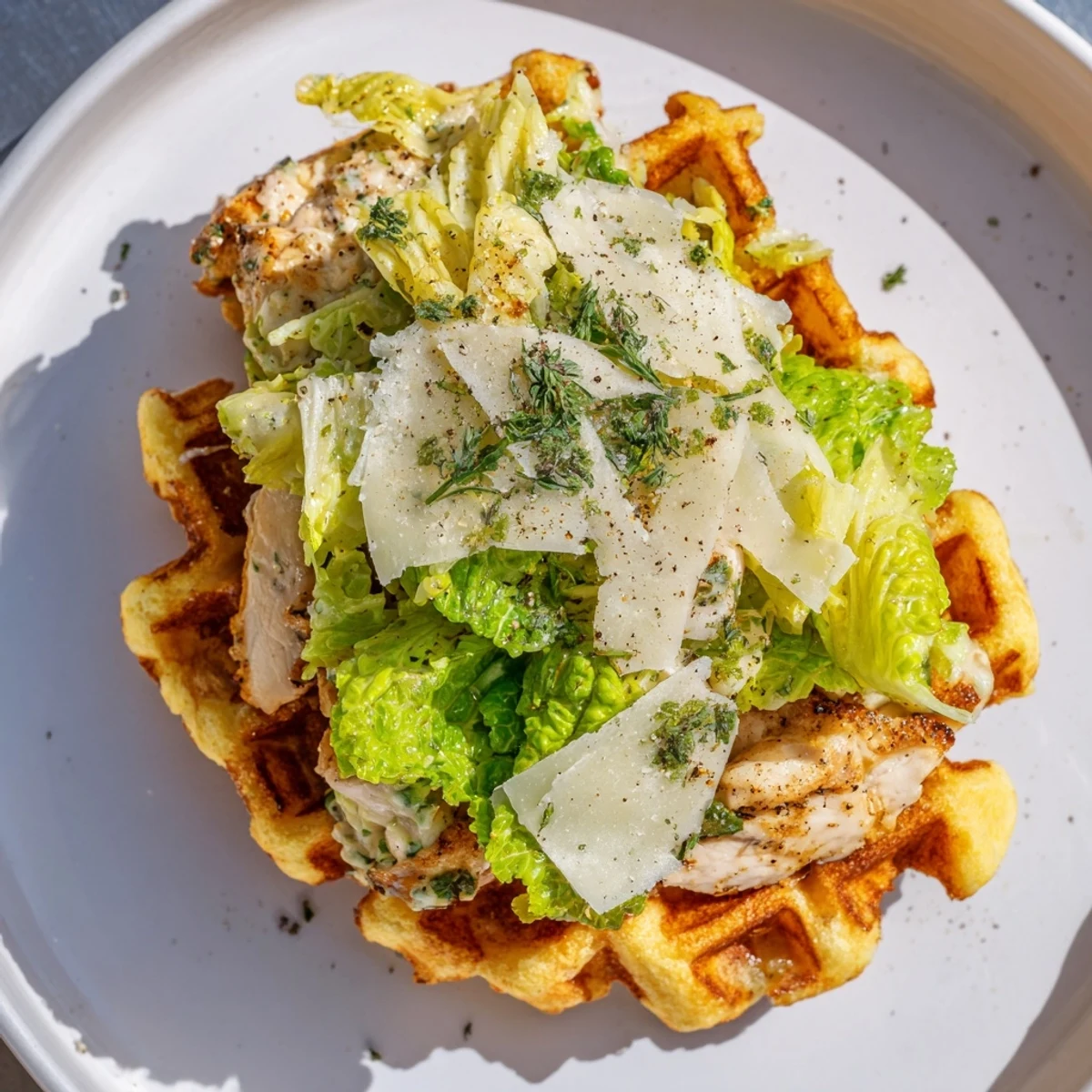 Savory stuffing waffles hold a flavorful Chicken Caesar Waffle Sandwich, perfect for a satisfying brunch.