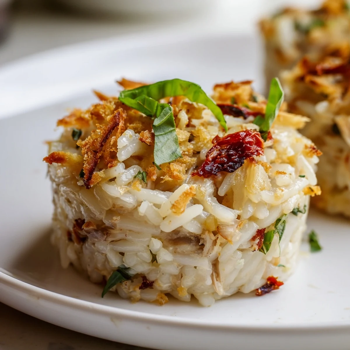Delectable serving of Marry Me Chicken Sushi Bake Cups, featuring baked orzo and shredded chicken, garnished with fresh basil.