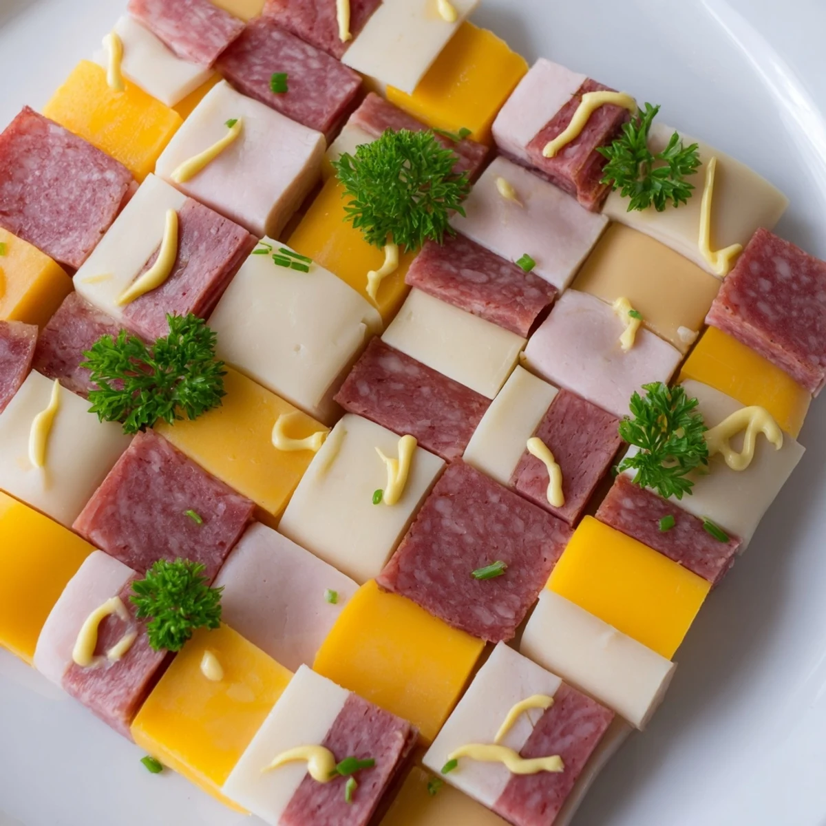 Delectable Patchwork Quilt appetizer, a vibrant mosaic of meats and cheeses kissed with mustard.