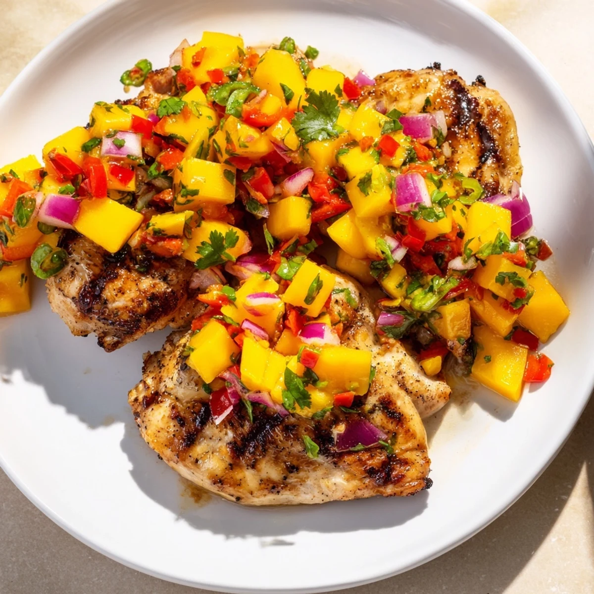 Close-up of freshly grilled Mango Salsa Chicken, a flavorful tropical main dish on a plate.