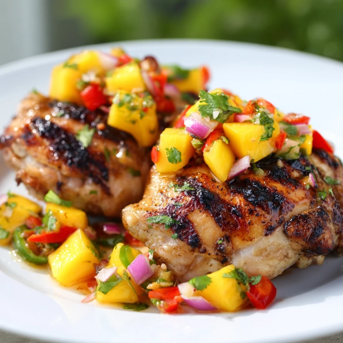 Vibrant plate of Grilled Mango Salsa Chicken: juicy chicken and bright mango salsa, perfect for summer.