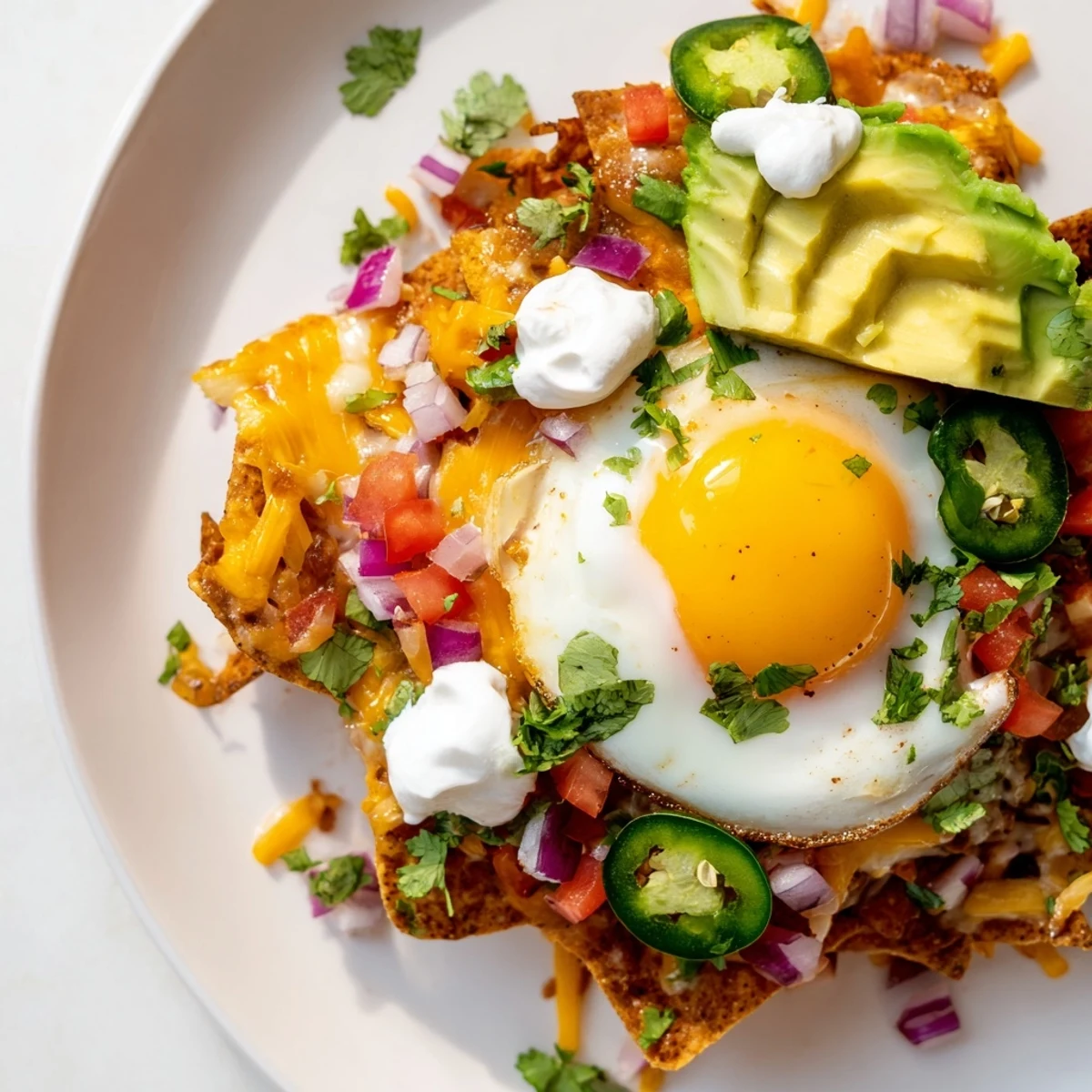 A generous serving of vibrant Egg-Topped Breakfast Nachos topped with sunny-side-up eggs and chopped cilantro.