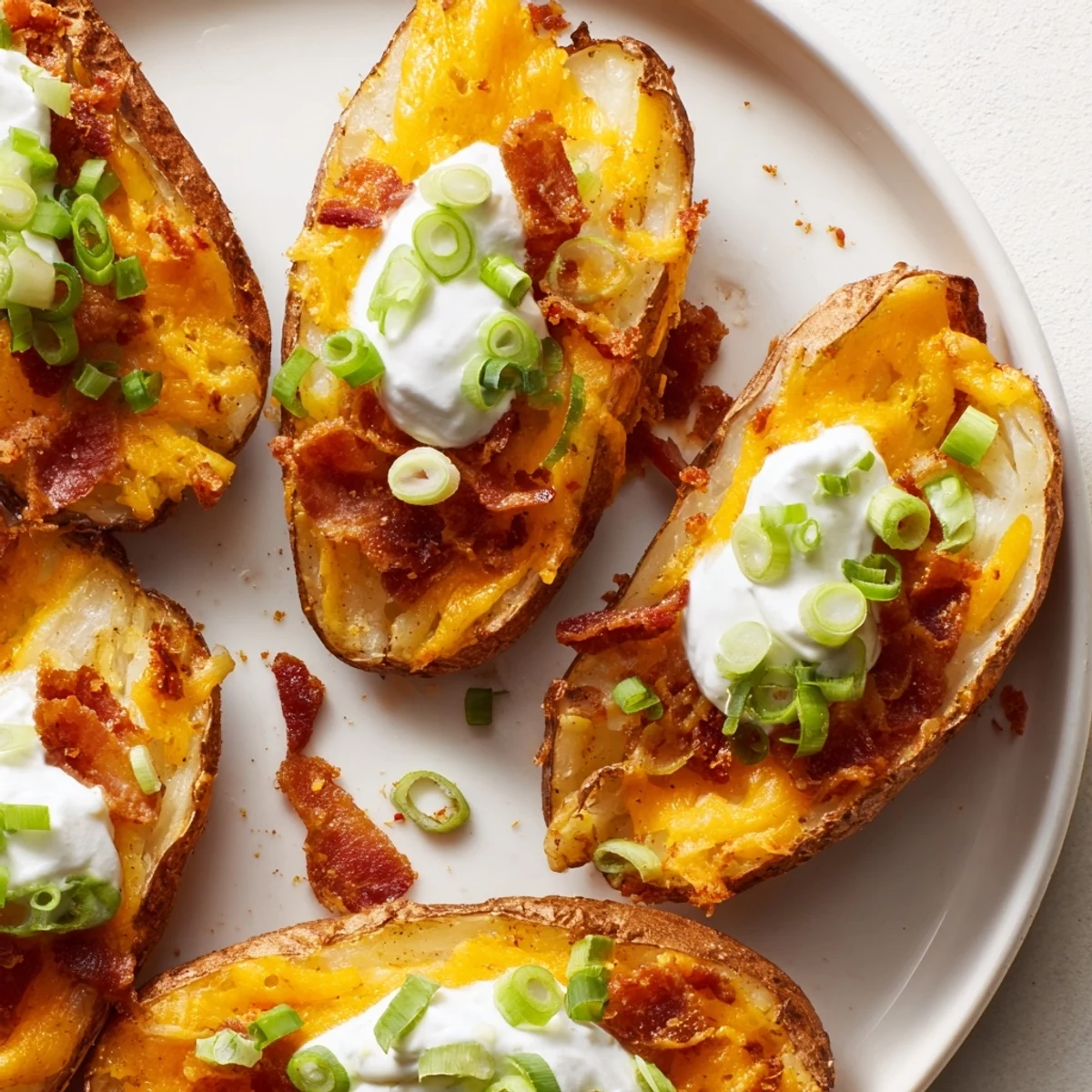 Golden, crispy Loaded Baked Potato Skins overflowing with melted cheddar cheese and crumbled bacon.
