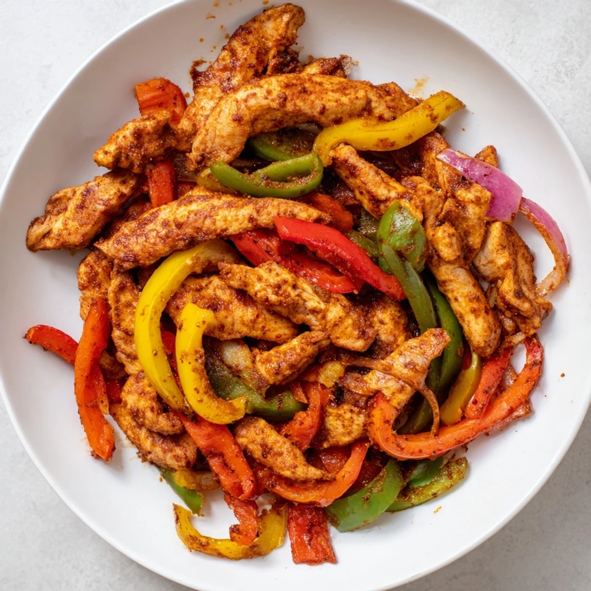 Golden-brown Sheet-Pan Chicken Fajitas, a delicious medley of chicken, peppers, and onions, perfect for a quick dinner.