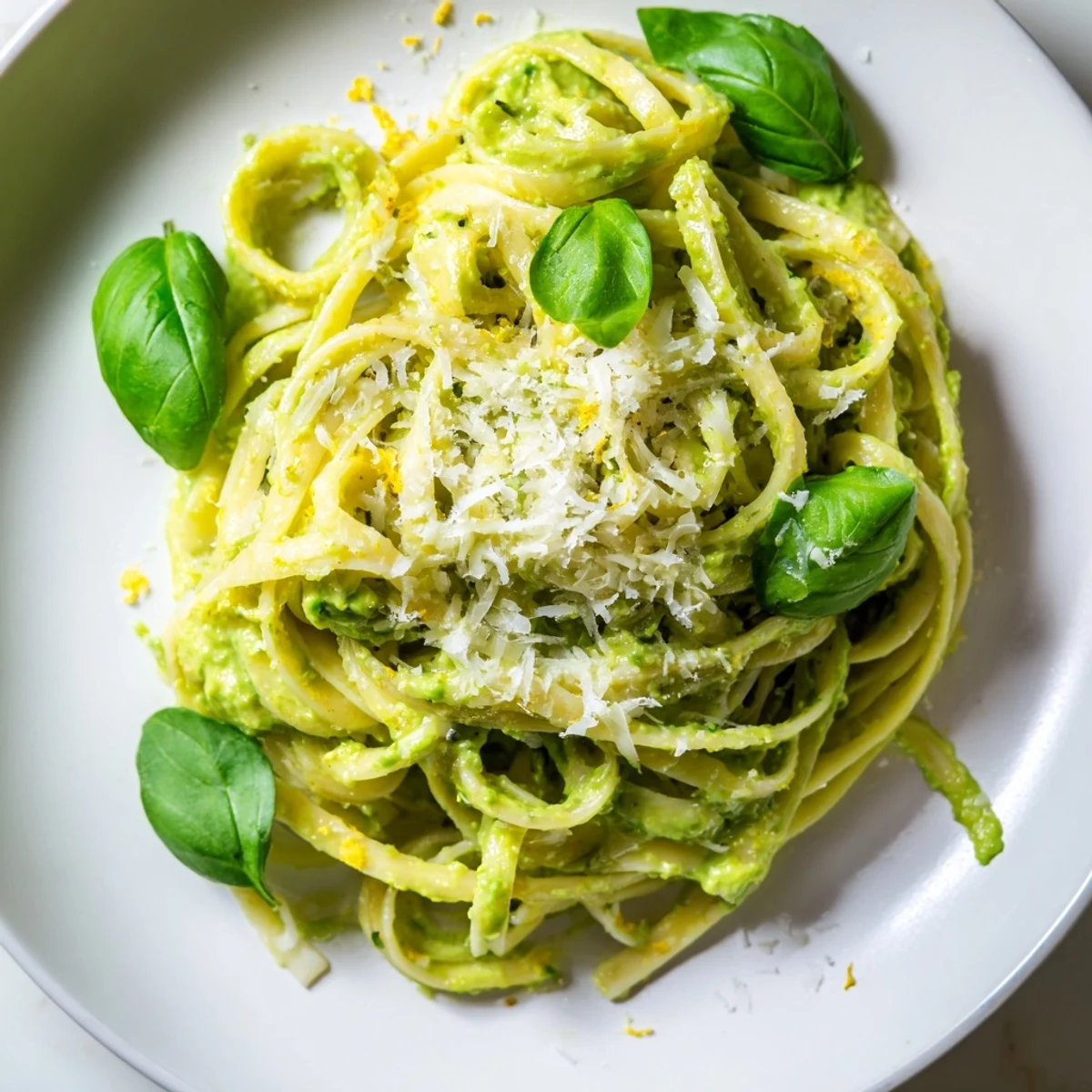 Vibrant creamy avocado pasta coated in a luscious green sauce, garnished with fresh basil.