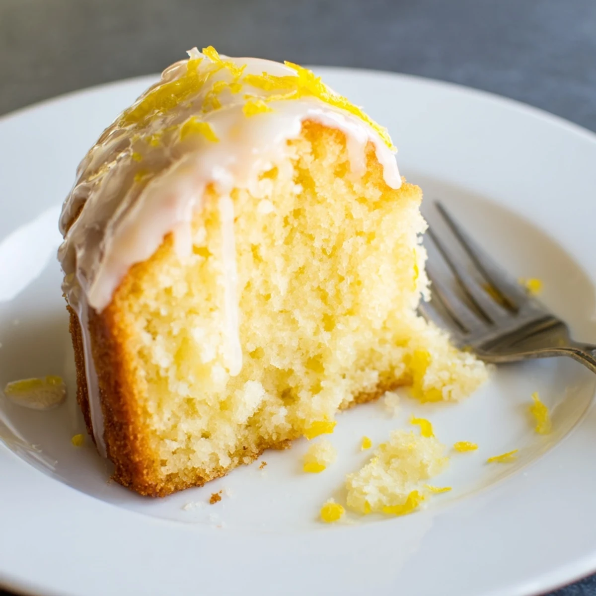A slice of golden Lemon Yogurt Cake, drizzled with glaze, ready to be enjoyed.