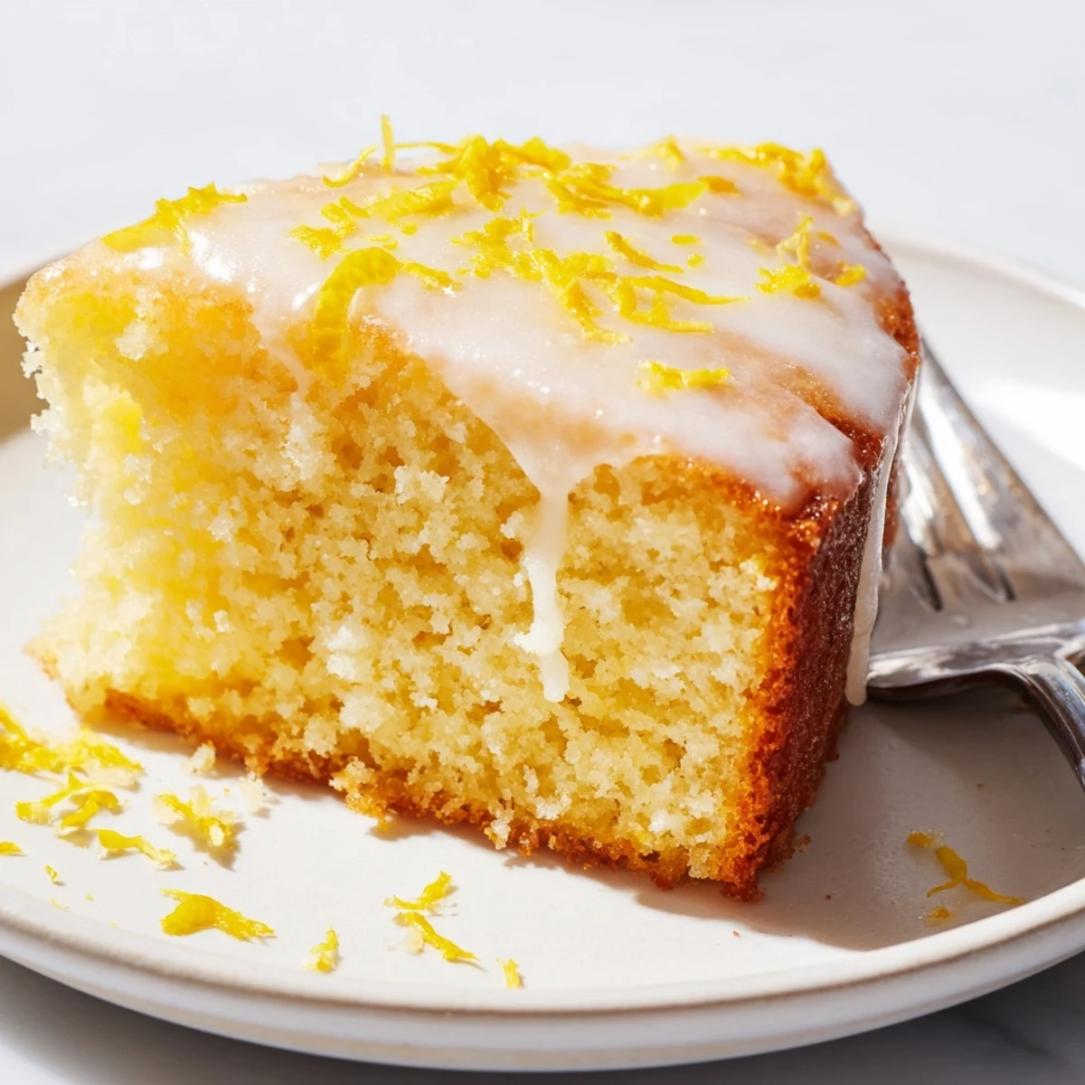 Freshly baked Lemon Yogurt Cake, lightly frosted and ideal with berries and tea.