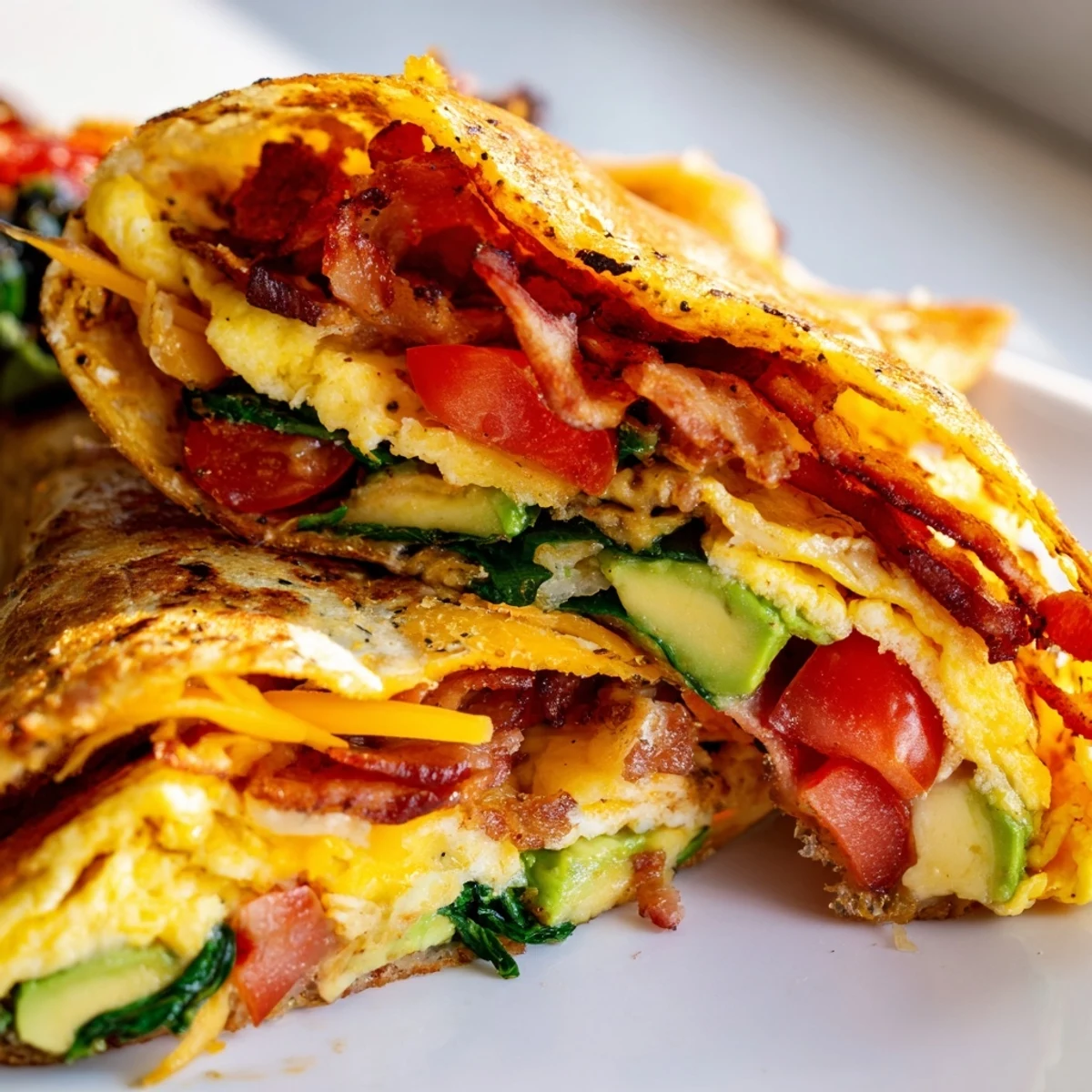 Golden, crispy Crispy Breakfast Wrap with melted cheese, bacon, and fluffy scrambled eggs inside a tortilla.