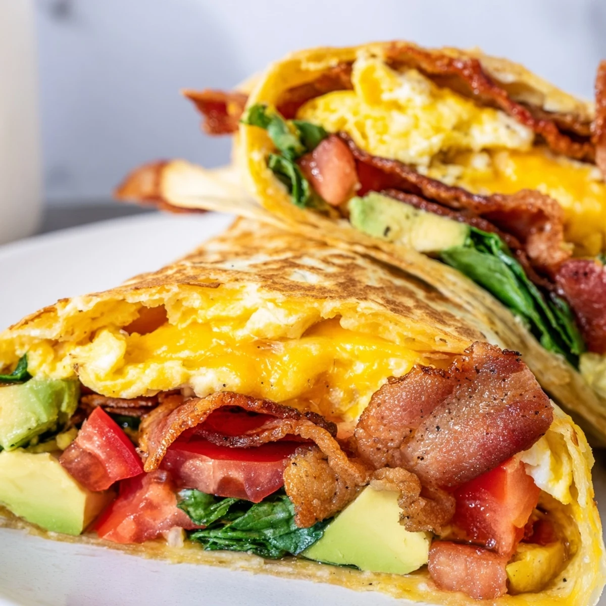 Enjoy a handheld, warm Crispy Breakfast Wrap—perfectly folded, with a delicious combination of fillings.