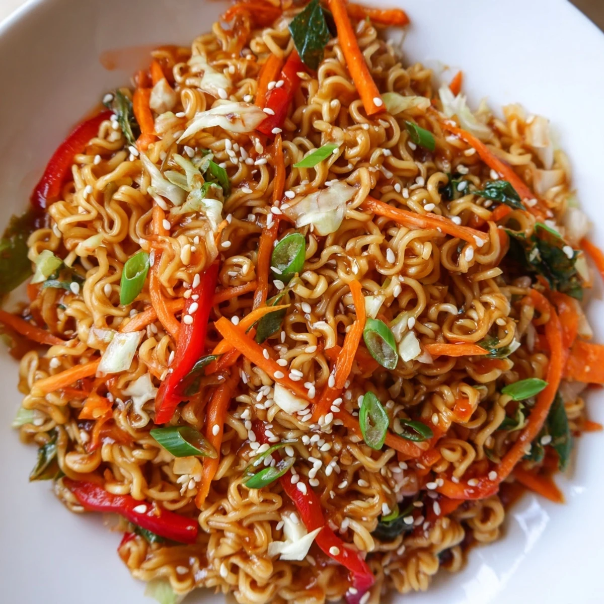 Vibrant photo shows steaming Spicy Ramen Stir Fry with colorful vegetables and glistening sauce.