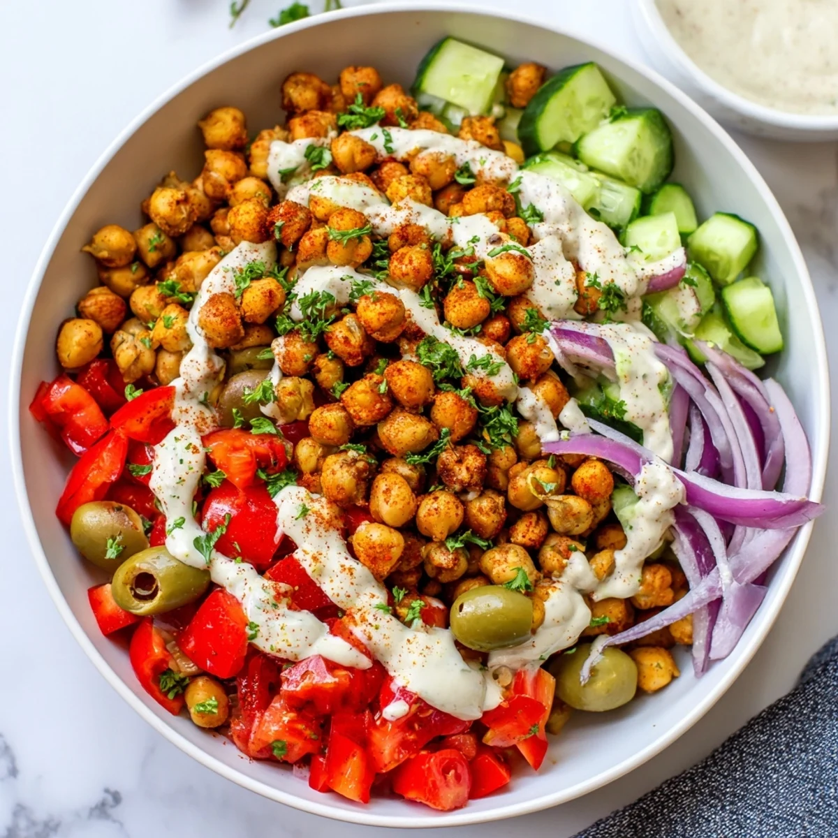 Mediterranean Chickpea Bowl bursting with color: roasted chickpeas, fresh veggies, drizzled in creamy tahini.