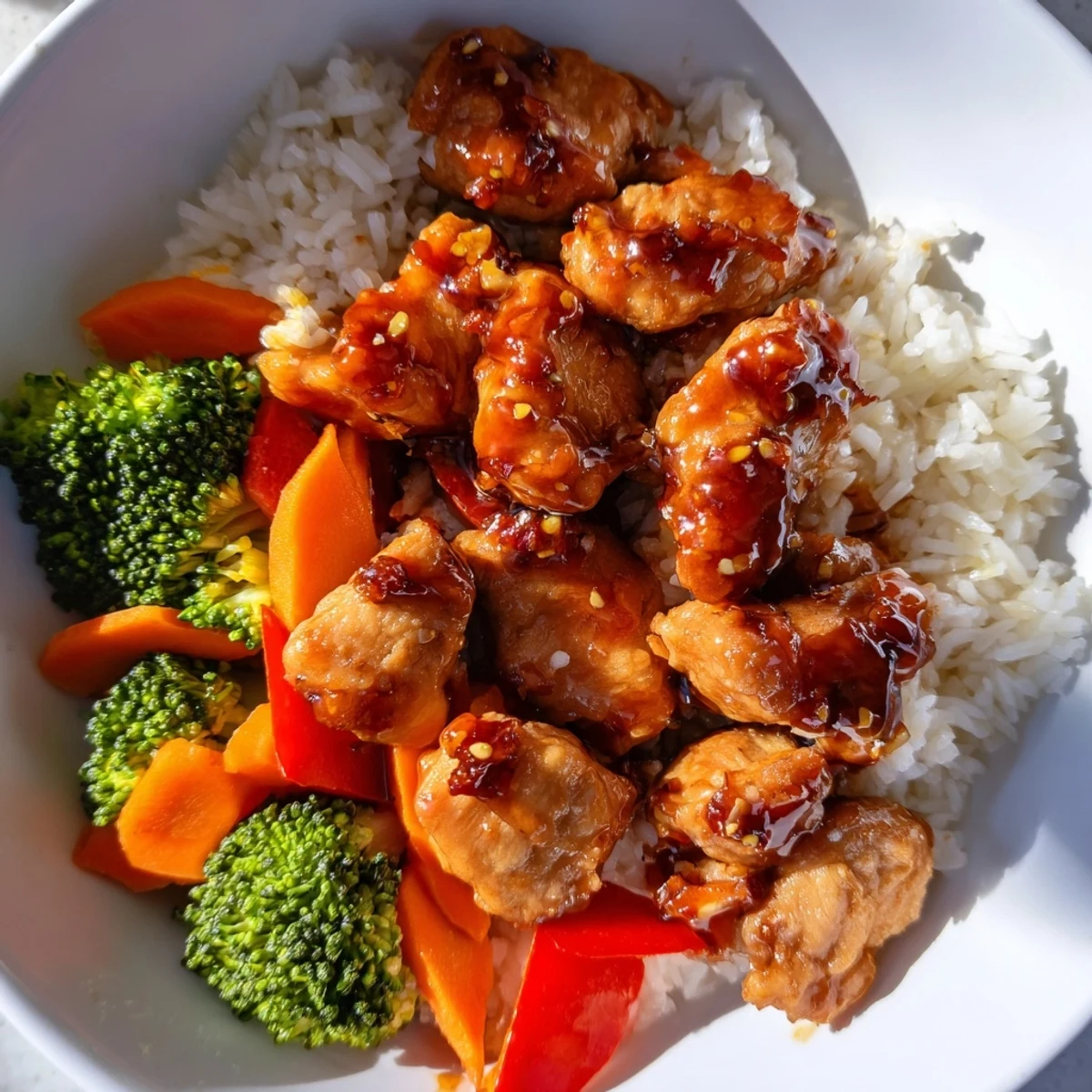 Golden, glazed teriyaki chicken glistening atop vibrant vegetables and fluffy rice, ready to eat.