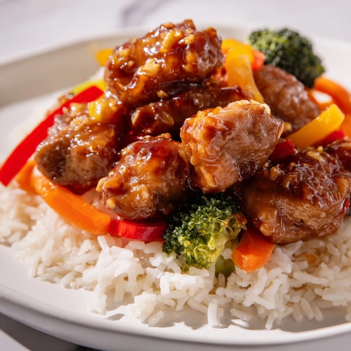 A perfect photo of homemade teriyaki chicken and rice, packed with savory flavors and fresh toppings.