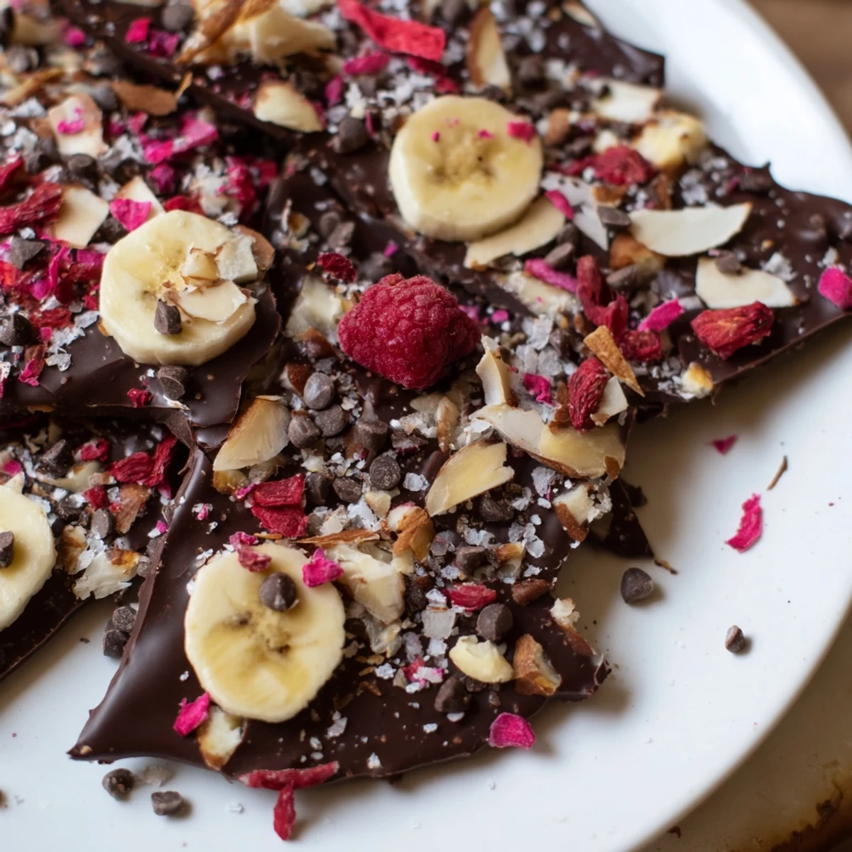 Frozen Chocolate Banana Bark with visible layers of chocolate and crunchy almond topping.