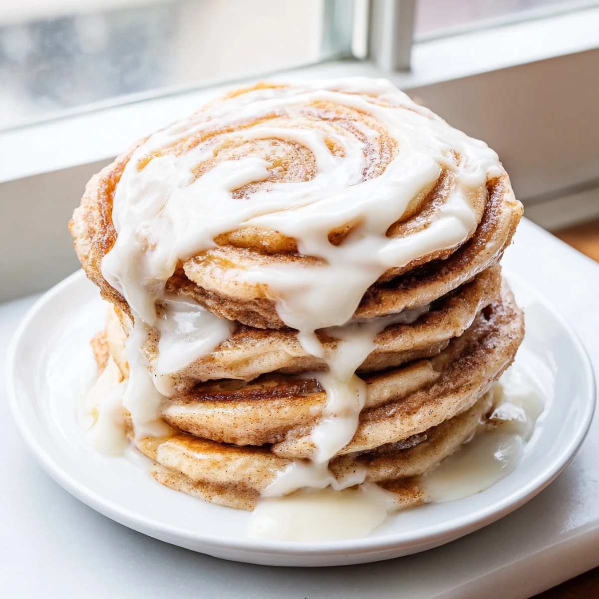 Golden-brown Cinnamon Roll Pancakes drizzled with sweet, creamy glaze, a decadent breakfast delight.